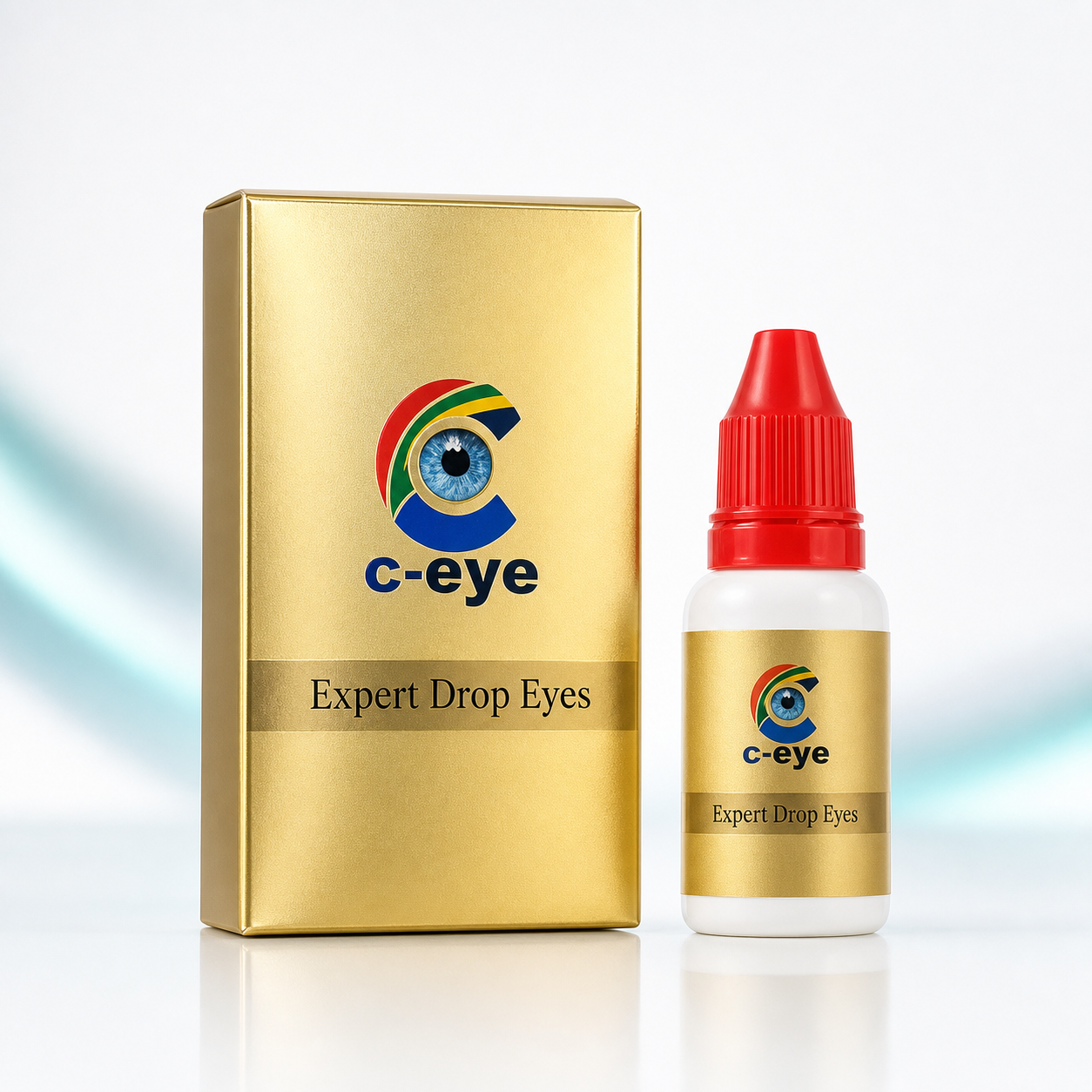 c-eye eye drop bottle and retail box studio product image